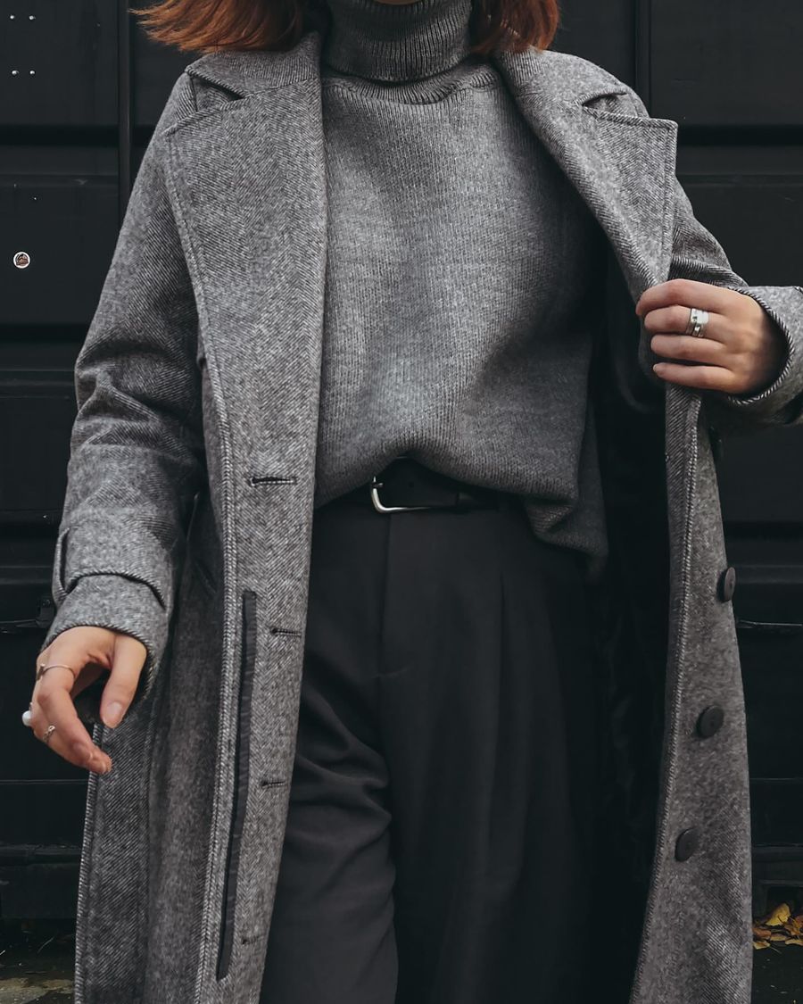 Grey wool overcoat worn open over a charcoal jumper